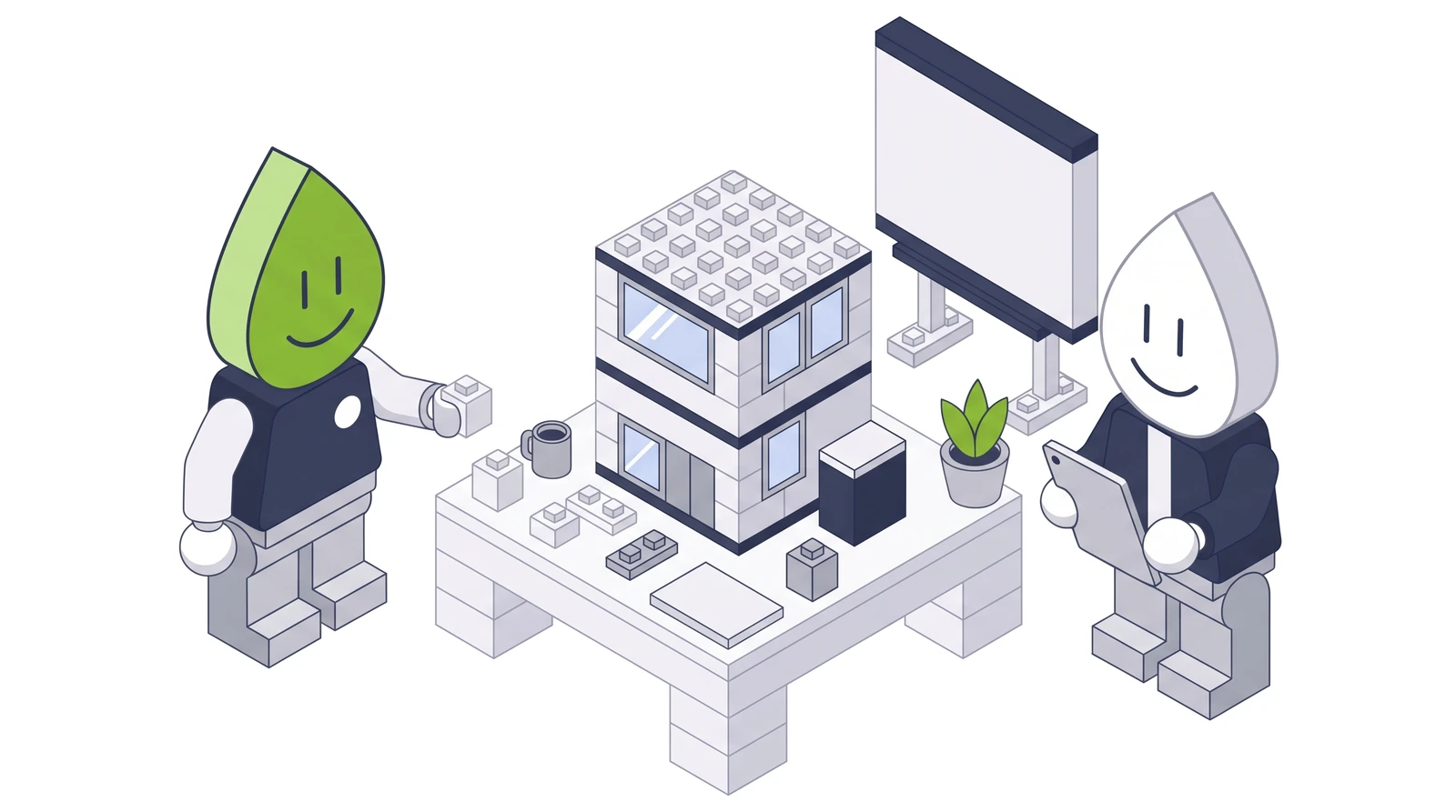 A DDOP figure and an energy advisor at a table with a toy-brick house model and a separate new component beside it