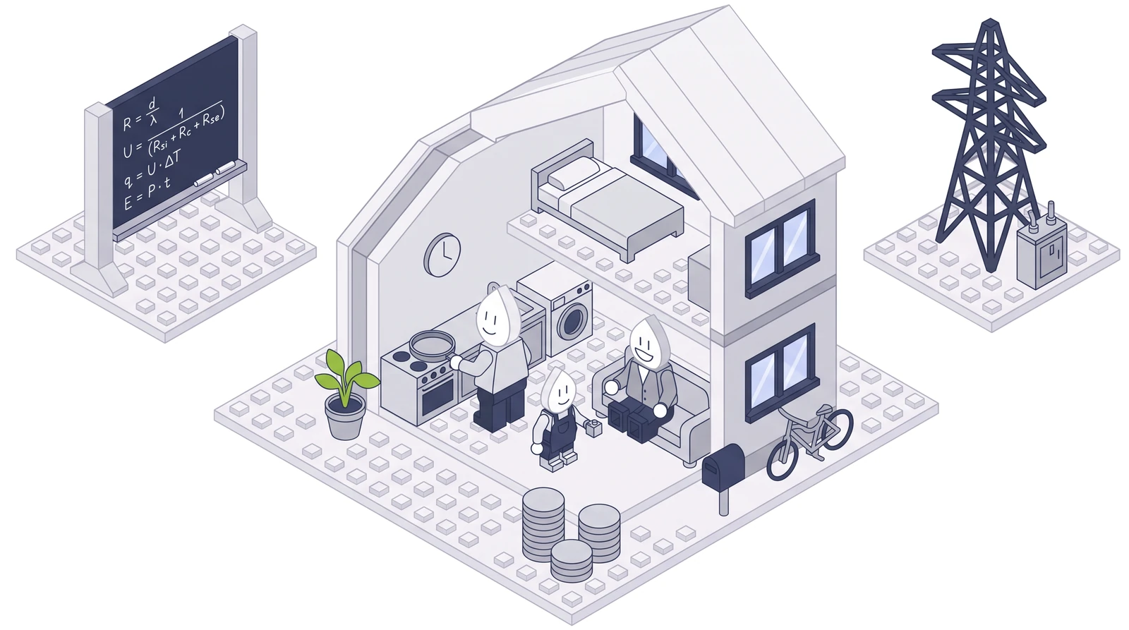 Cutaway toy-brick house with a family and a clock, with stacks of coins in front, a blackboard with formulas behind it and an electricity pylon at a distance