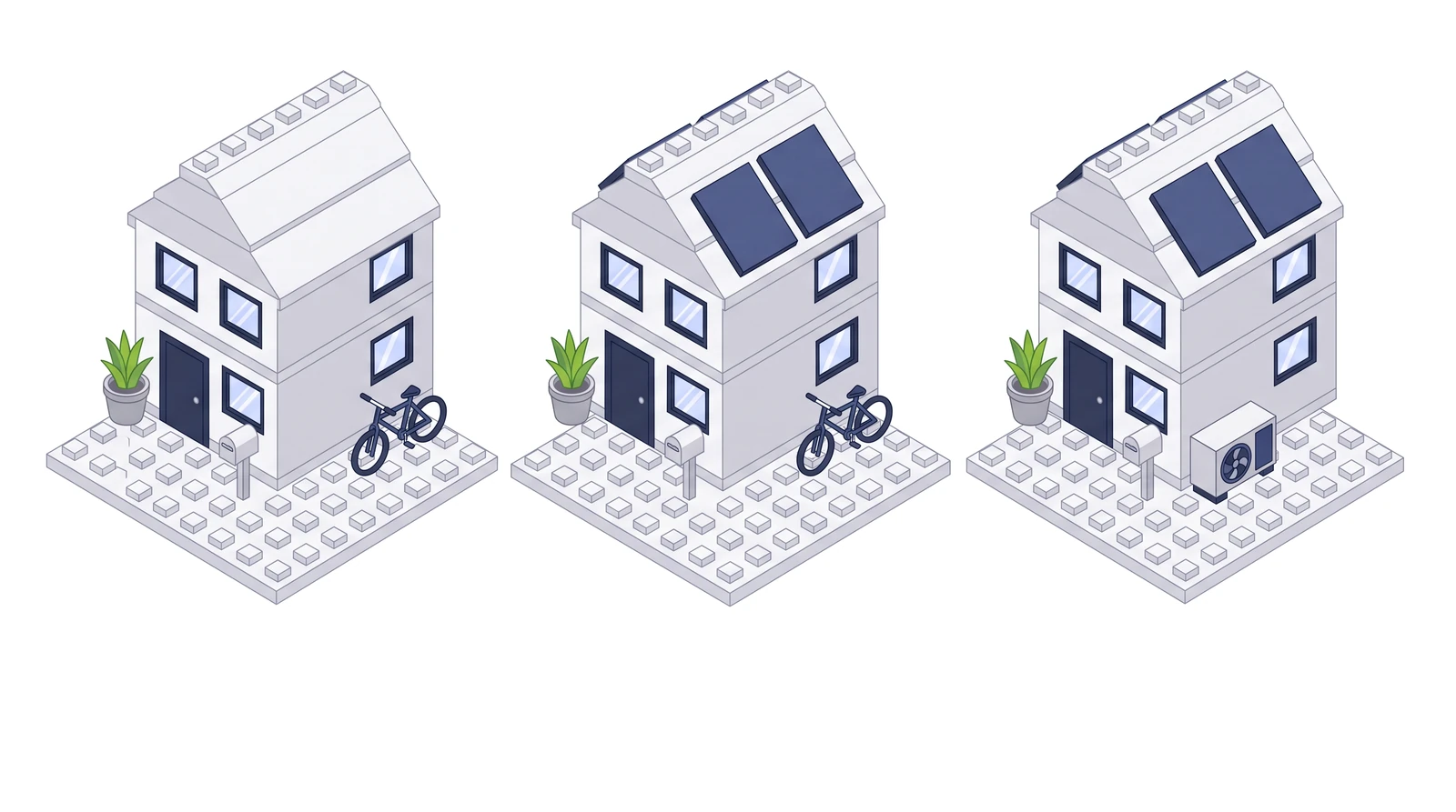 The same toy-brick house three times side by side: without measures, with solar panels on the roof, and with solar panels and a heat pump