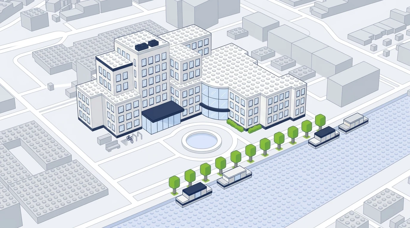 Illustratie van het kantoor van De Duurzame Oplossing aan de Harlingertrekweg 53 in Leeuwarden, opgebouwd uit bouwstenen: een wit complex van getrapte torens met een ronde glazen entree en een fontein op het voorplein, aan het water.