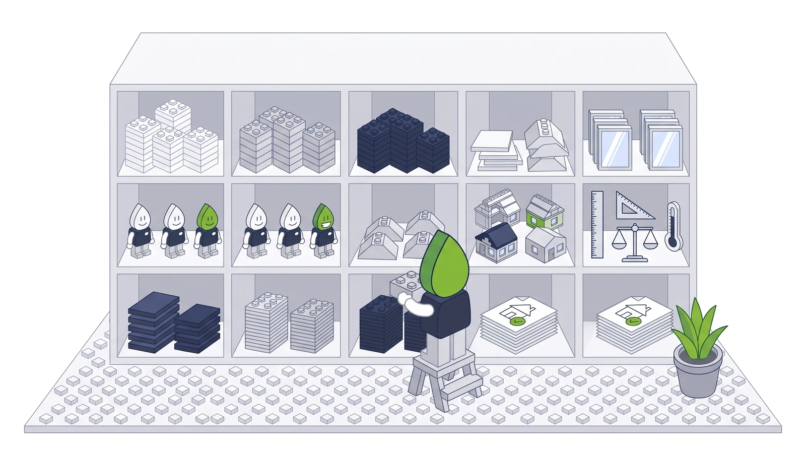 A large toy-brick cabinet with fifteen compartments: sorted bricks, figures, small houses, measuring instruments and sheets with a drawn house and a check mark; a DDOP figure places a brick in the cabinet