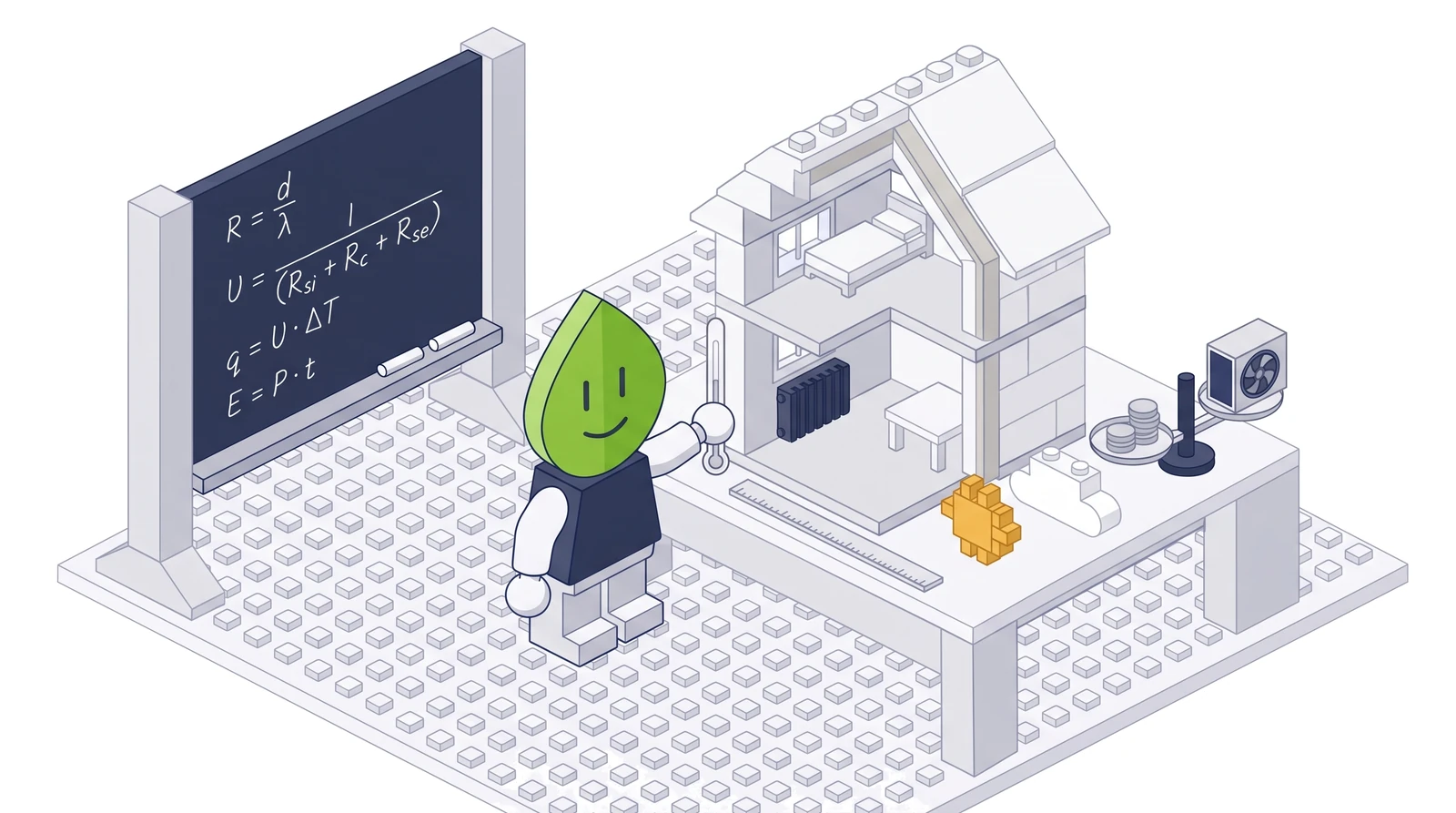 A DDOP figure measures a cutaway toy-brick house model with a thermometer; on the table a balance scale with coins and a heat pump, a toy-brick sun and cloud and a ruler, next to a blackboard with formulas for heat loss