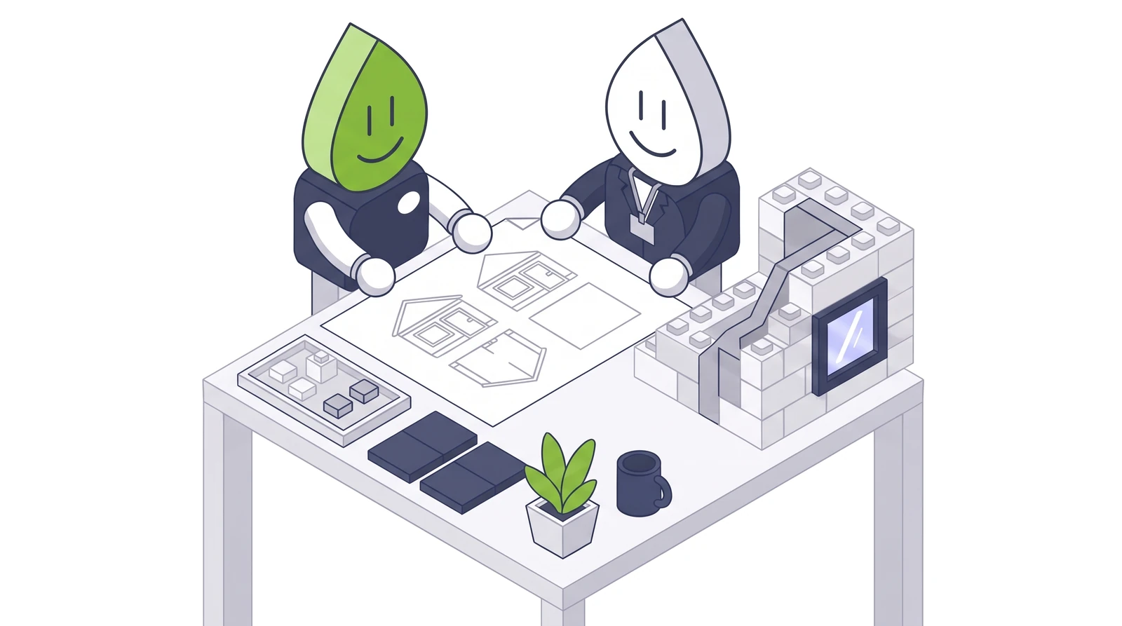 A DDOP figure and a partner at a table with a building plan and a toy-brick house under construction