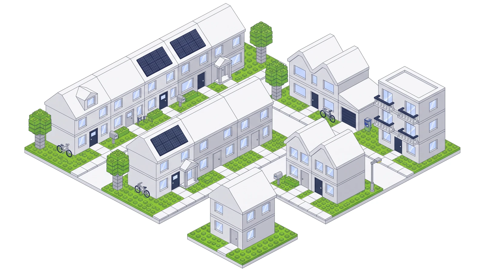 A neighbourhood of toy-brick terraced and detached houses